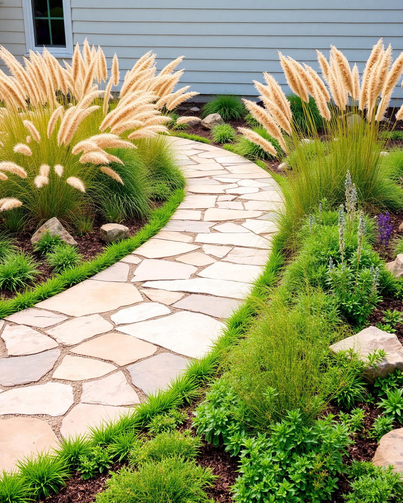 A natural stone pathway integrated with ornamental planting