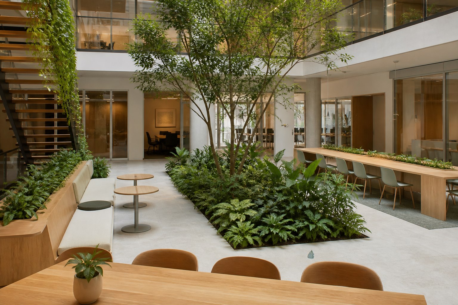 Concept image of a commercial workplace atrium organized around indoor trees and planting