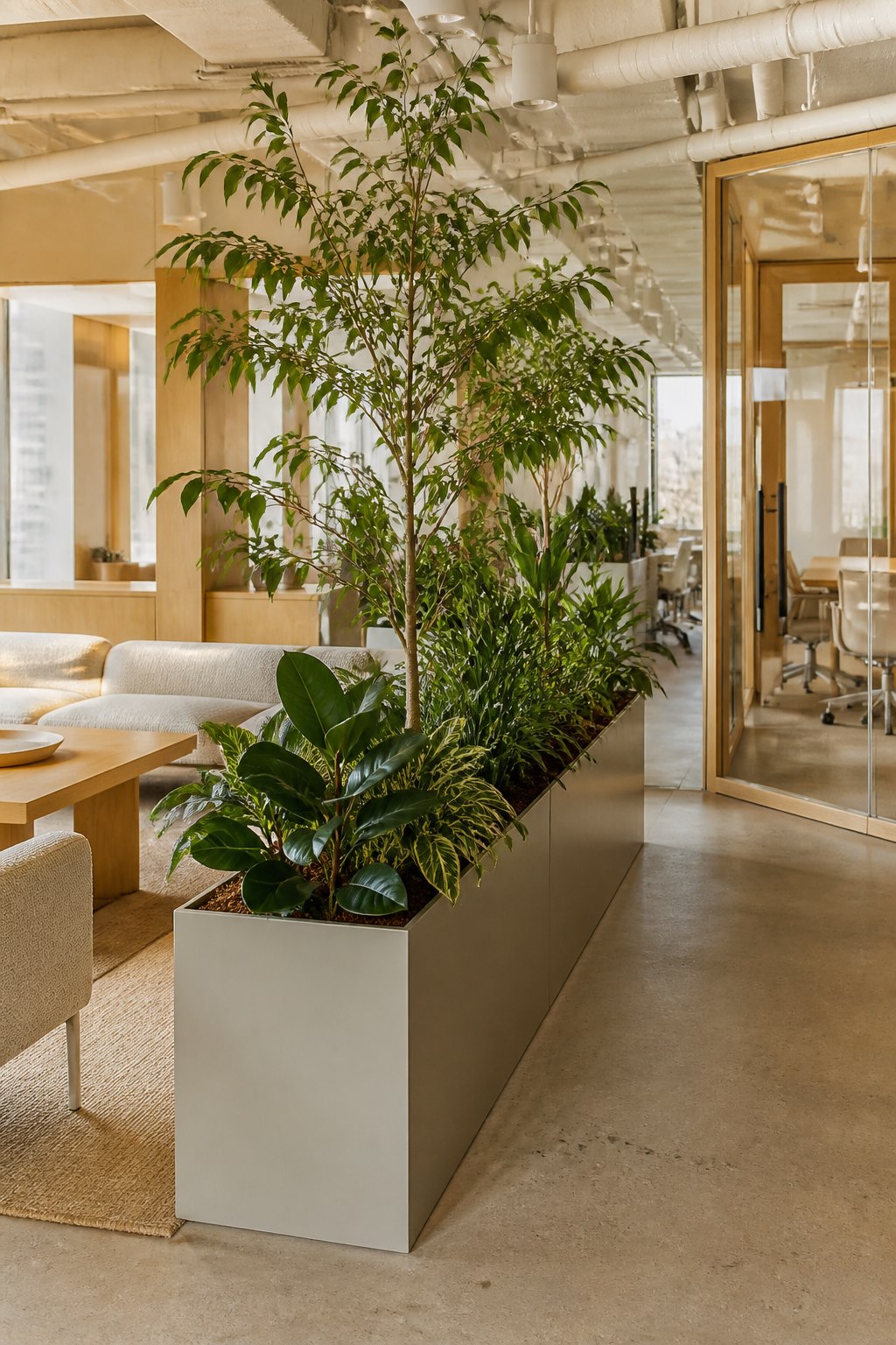 Concept image of a planted divider separating an office lounge and meeting rooms