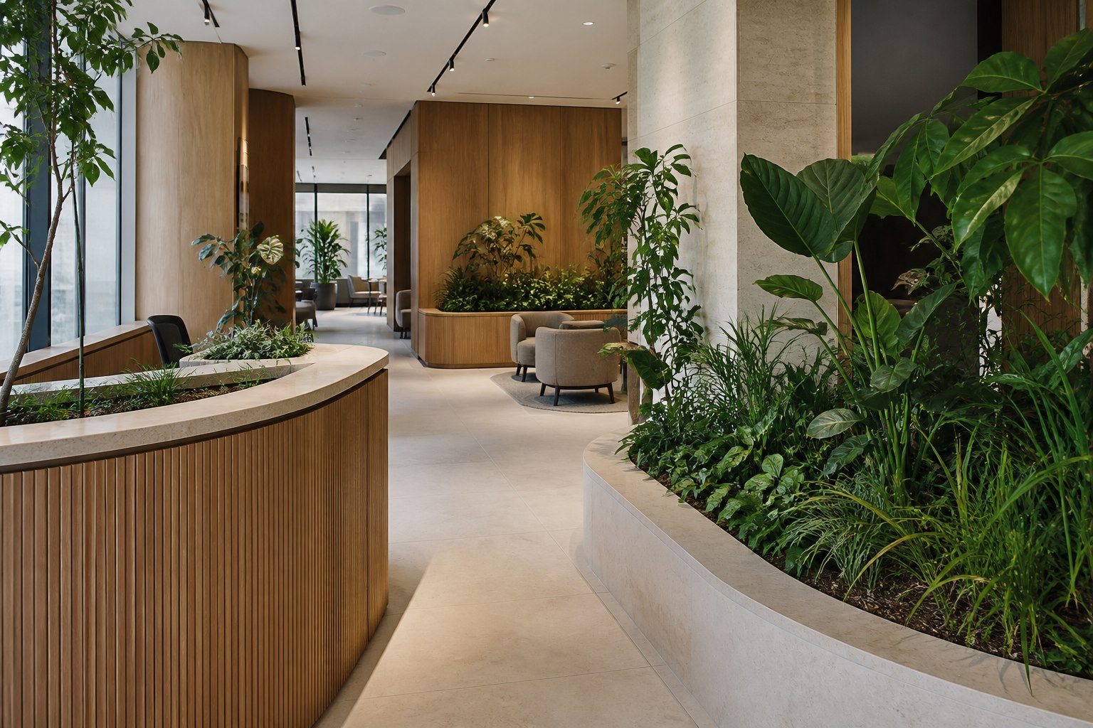 Concept image of an office reception with integrated indoor planting